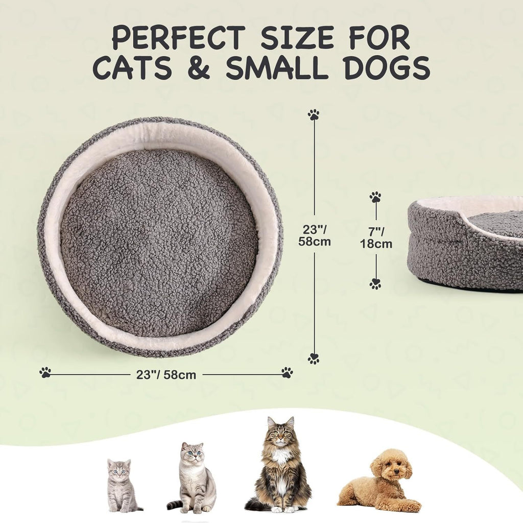 Washable Pet Bed For Small Dogs & Cats - 23x23x7 Inch Orthopaedic Dog Bed With Non-Slip Bottom, Plush Round Bed For Puppies & Indoor Kittens, Grey
