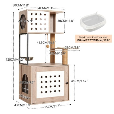 Cat Tree With Litter Box Enclosure, Allinone Cat Tower For Indoor Cats With Large Hammock, Bed, Food Station, Scratching Posts, Modern Style Pet Furniture, Gray White