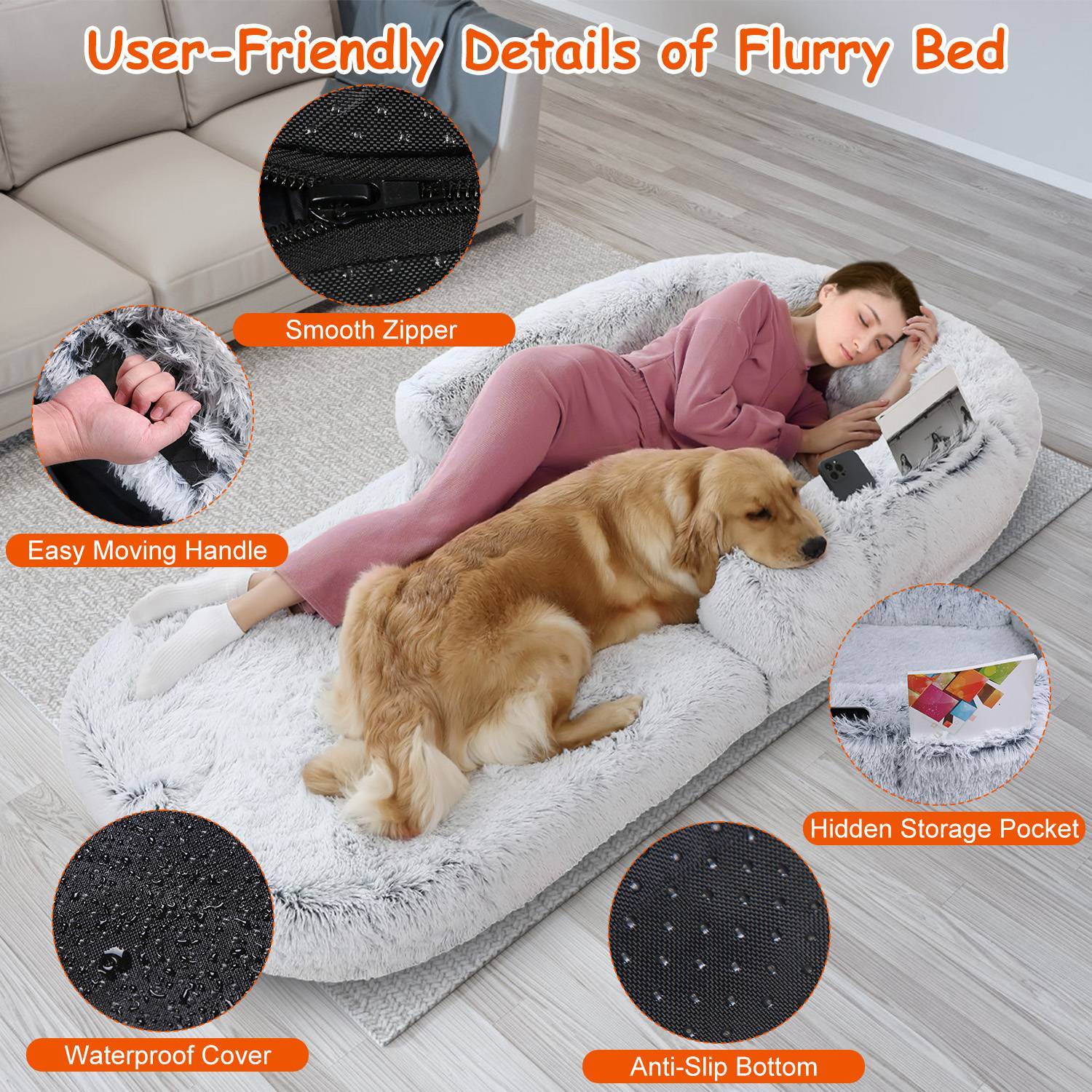 1Pc Large Foldable Human Size Dog Bed With Pillow Blanket Flurry Plush Napping Human-Sized Dog Bed Machine Washable Zipped Removable Cover For Pets Kids Adults Grey 71x45x10in