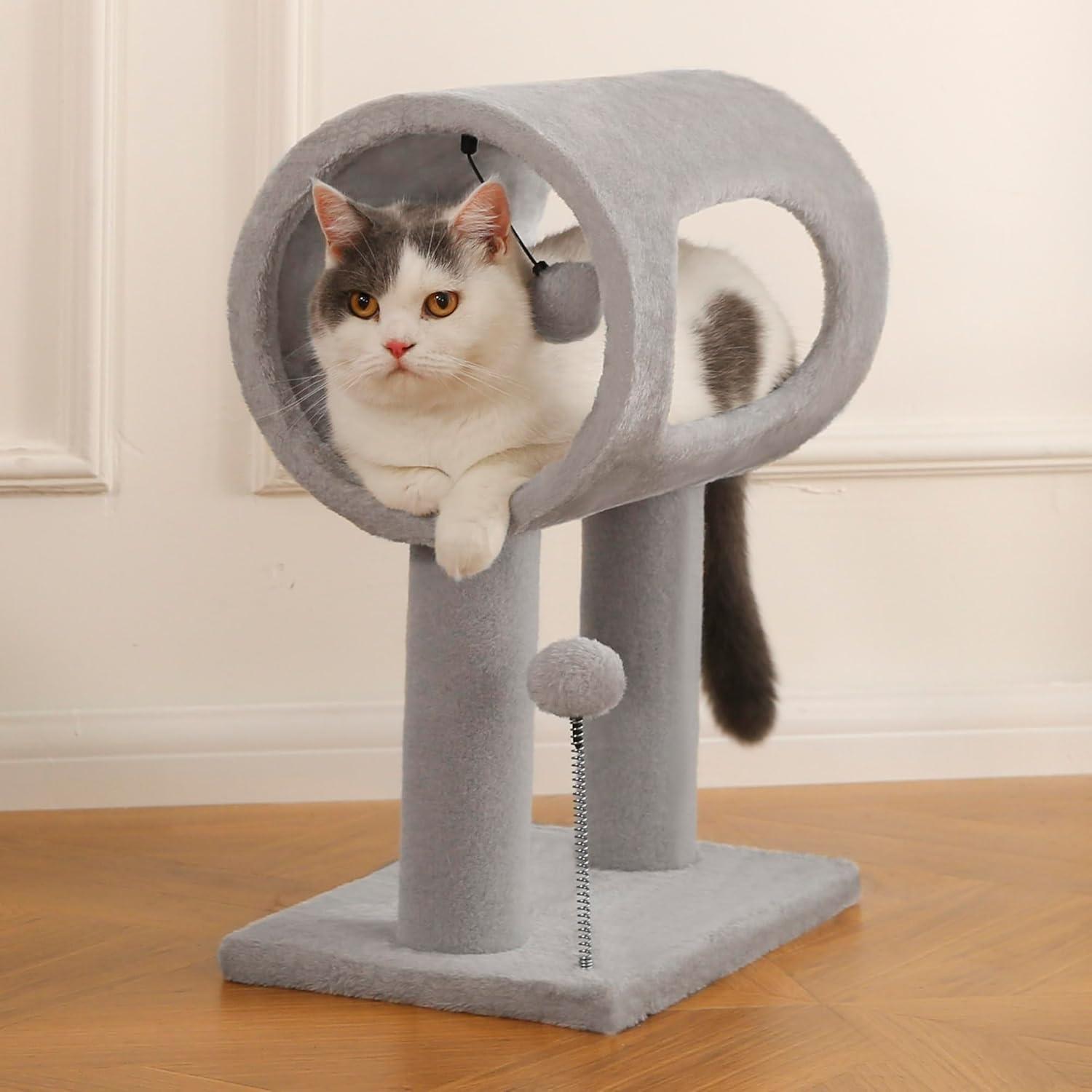 Gray Indoor Cat Tree With Hanging Ball 20.5Cat Tree With Tunnel Bed And Scratching Post Cat Tower