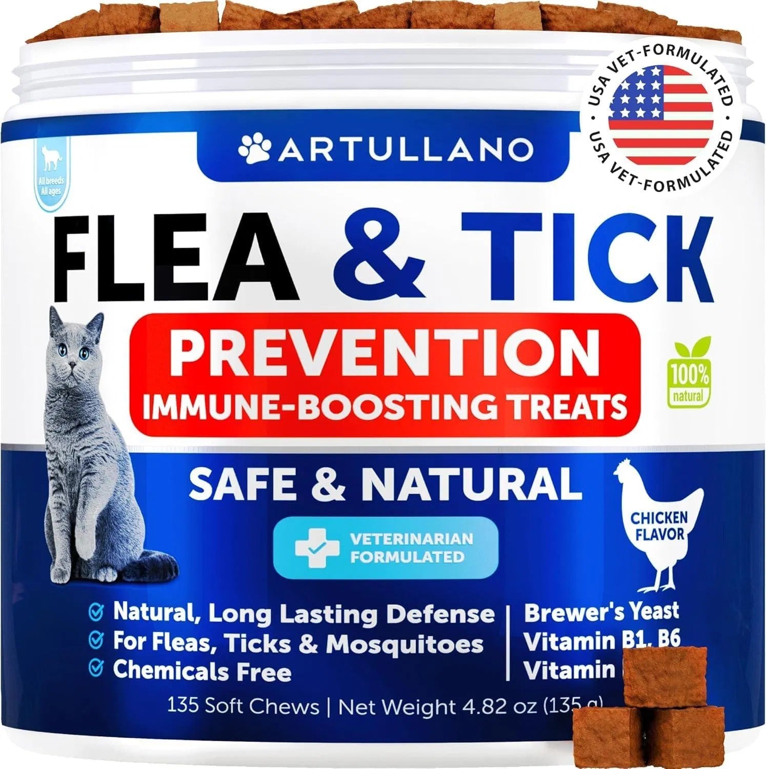 Flea Treatment For Cats Natural Flea And Tick Prevention Supplement For Cats Kittens Chew-able Daily Oral Pills With Vitamins 135 Soft Chews Skin & Coat Dental Treats Digestion