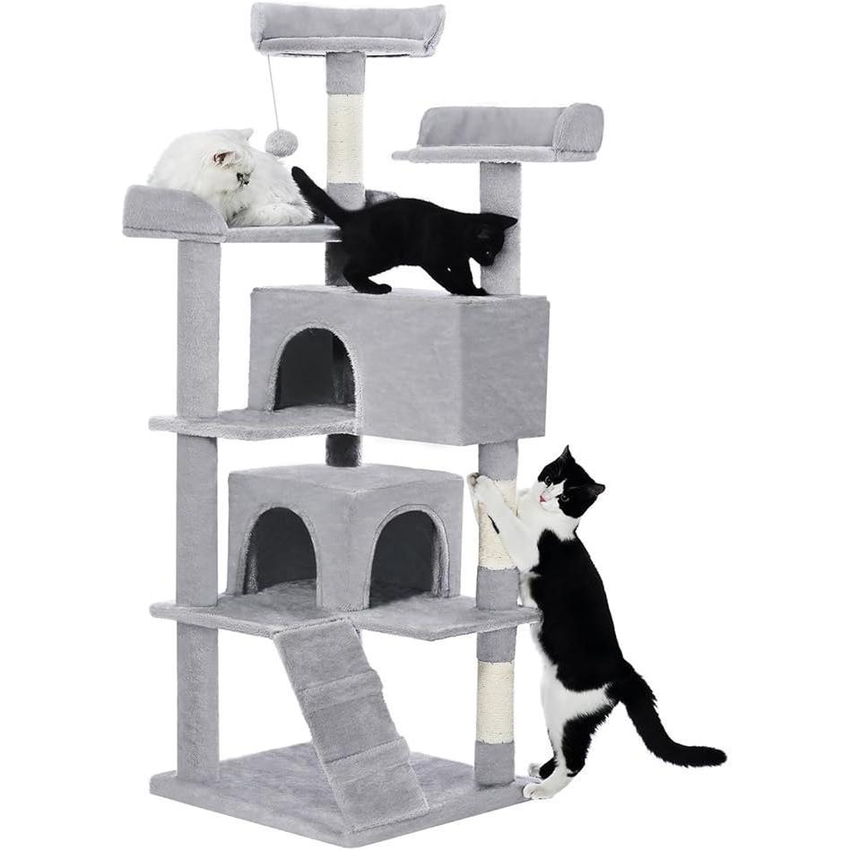 Made 4 Pets 56-inch Pet Cat Tree For Indoor Cats Multi-Level Cat Tree With 2 Apartments Cat Activity Centre With Scratching Posts And Toys Light Gray