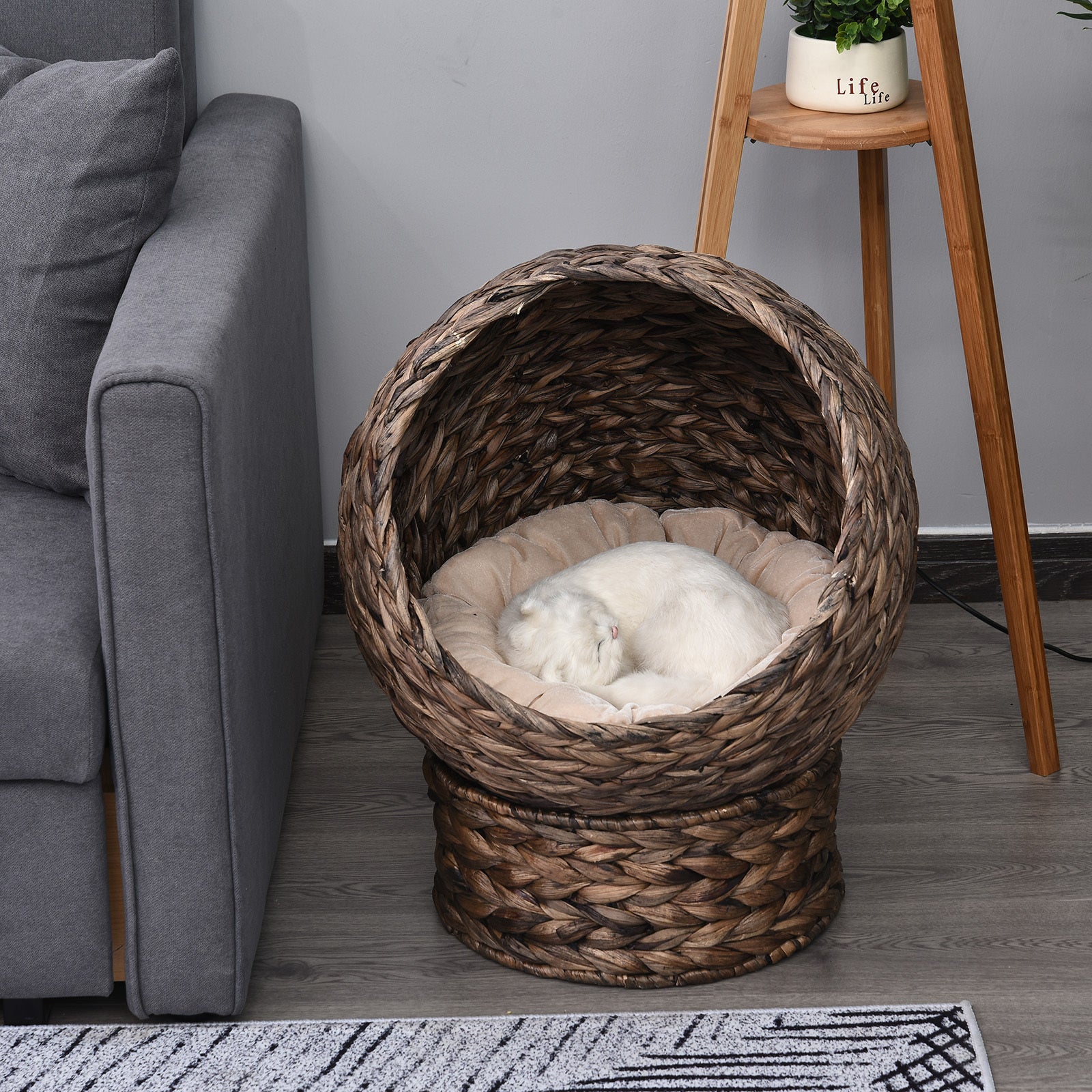 Handmade Wicker Elevated Cat Bed With Cushion Dark Brown For Kittens