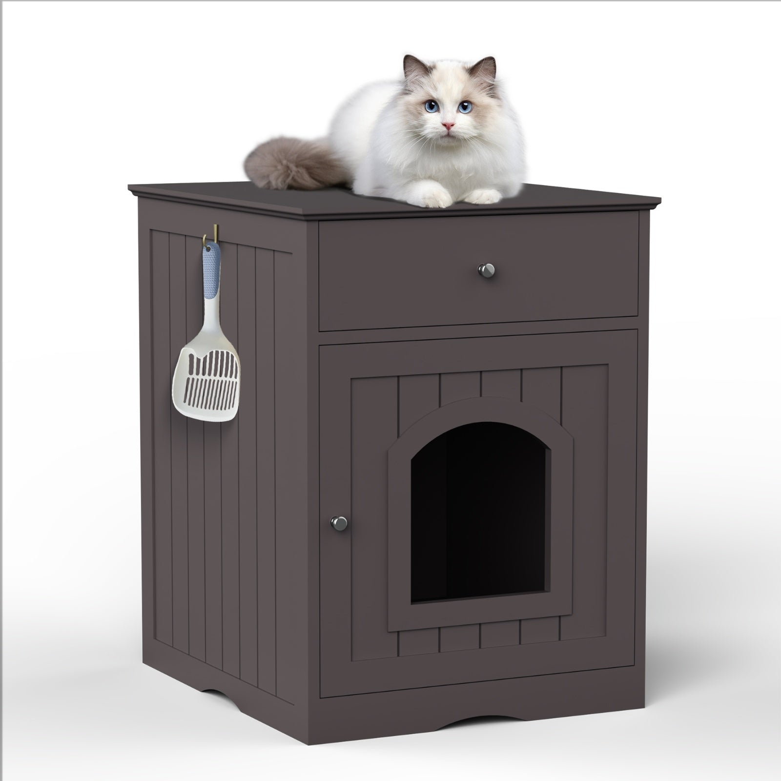 Wooden Pet House Cat Litter Box Enclosure With Drawer & Side Table