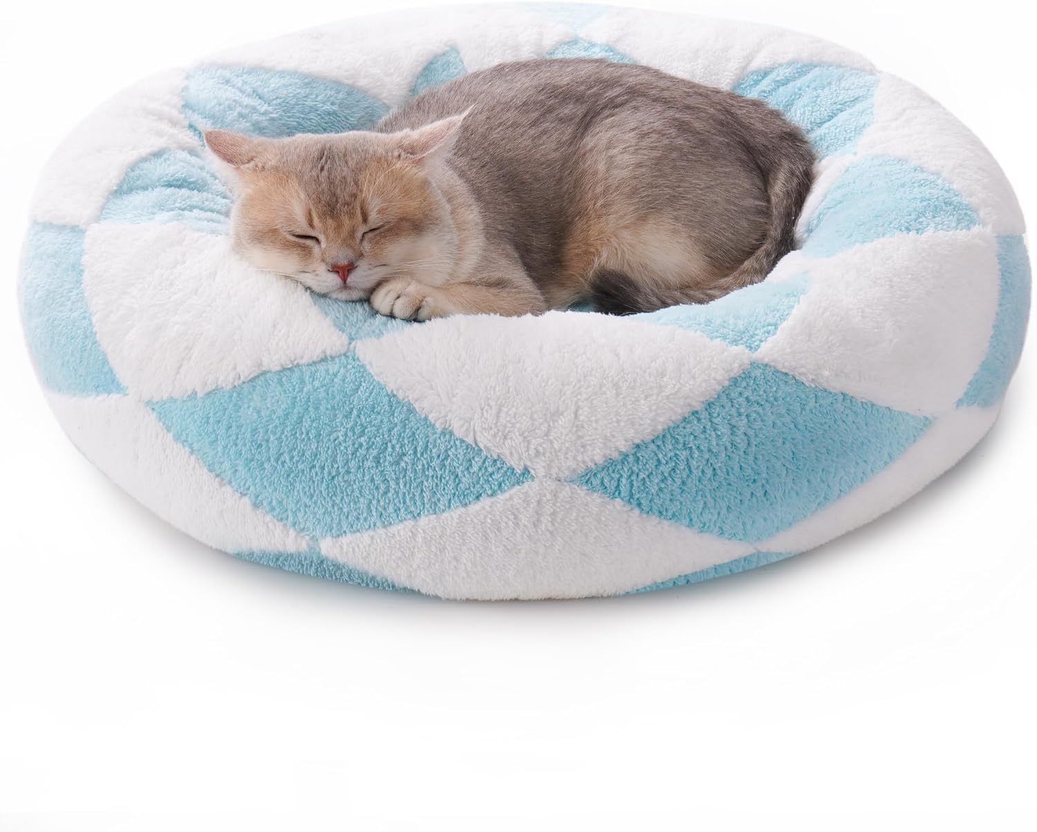 Donuts Cat Bed For Indoor Cats - Round Washable Plush Pet Bed With Jacquard Shaggy Fabric & Non-Slip Bottom, Calming Small Dog Bed For Puppy & Kitten, 23 Inch Blue Check