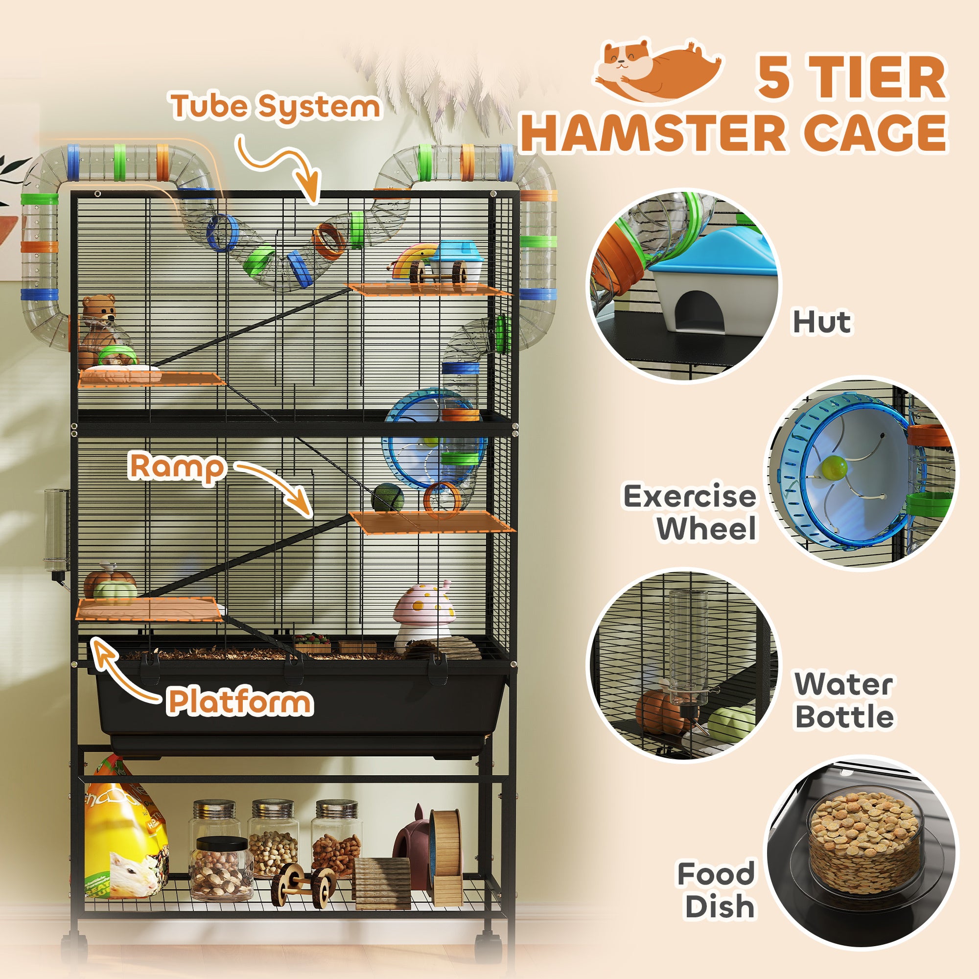 5 Tier Hamster Cage, Rolling Rat Cage With Deep Tray, Storage Shelf, Big Exercise Wheel, Hut, Tube System