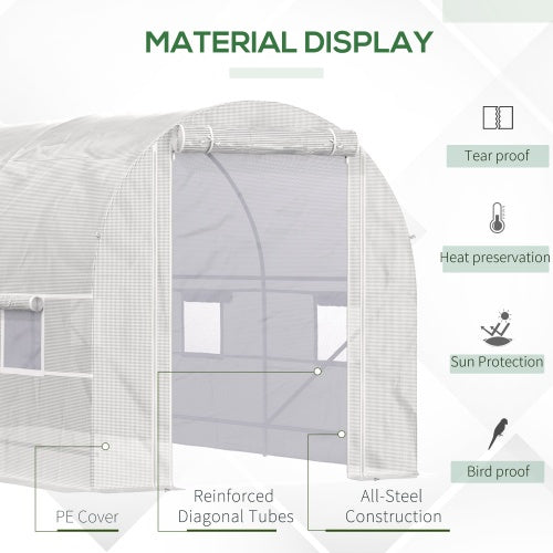 Outsunny 15 X 7 X 7 Walk-In Tunnel Greenhouse, Large Garden Hot House Kit With 6 Roll-up Windows & Roll Up Door, Steel Frame, White
