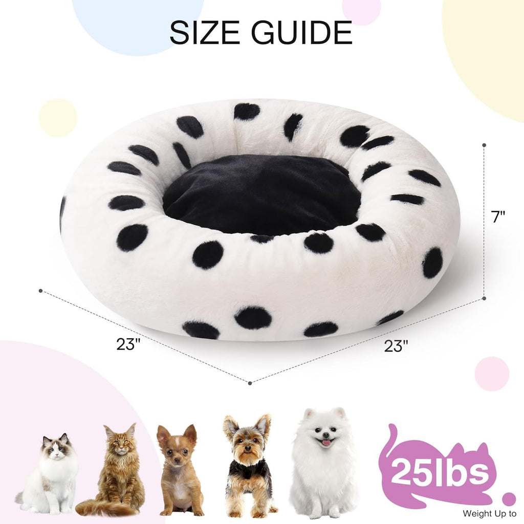Donuts Cat Bed For Indoor Cats - 23 Inch Round Washable Pet Bed With Non-Slip Bottom, Plush Fluffy Small Dog Bed For Puppies & Kittens, Black Dot