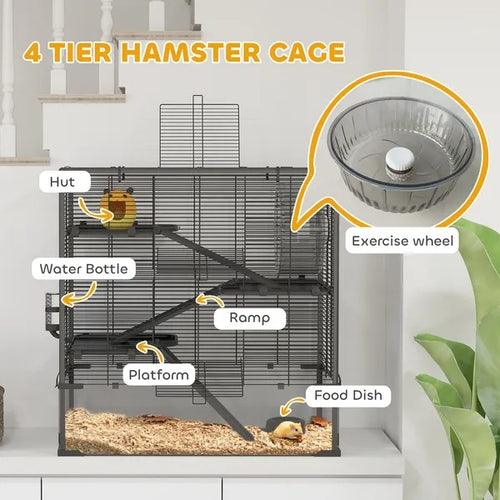 4 Tier Hamster Cage with Deep Tempered Glass Bottom, Running Wheel, Hut, Water Bottle, Food Dish