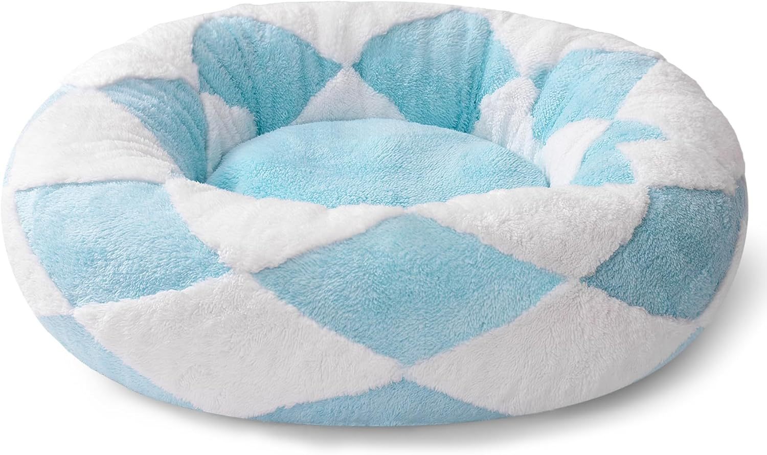 Donuts Cat Bed For Indoor Cats - Round Washable Plush Pet Bed With Jacquard Shaggy Fabric & Non-Slip Bottom, Calming Small Dog Bed For Puppy & Kitten, 23 Inch Blue Check