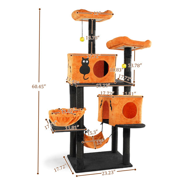 Halloween Cat Tree, Large Cat Tower With 2 Spacious Cat Condos, 2 Padded Perches, 2 Hammocks, Scratching Posts, Hanging Toy, Multi-Level Cat Activities Furniture For Large Cats, Orange & Black