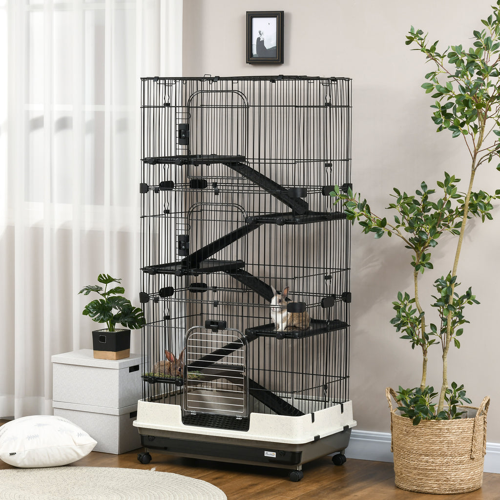 32L 6-Level Small Animal Cage Rabbit Hutch With Wheels Slide-out Tray Black For Bunny Chinchillas Ferret