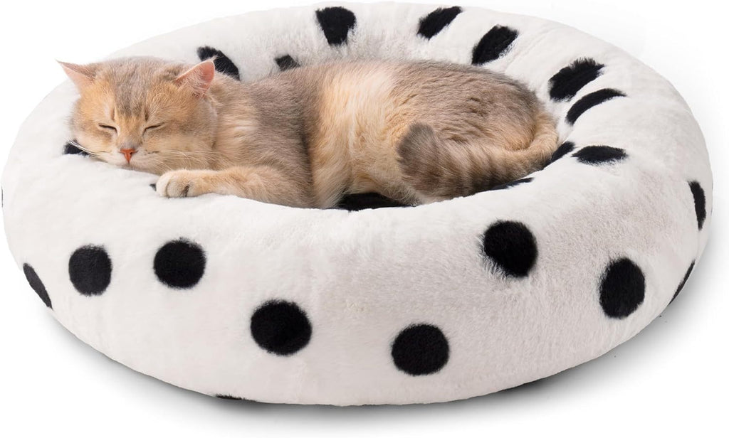 Donuts Cat Bed For Indoor Cats - 23 Inch Round Washable Pet Bed With Non-Slip Bottom, Plush Fluffy Small Dog Bed For Puppies & Kittens, Black Dot