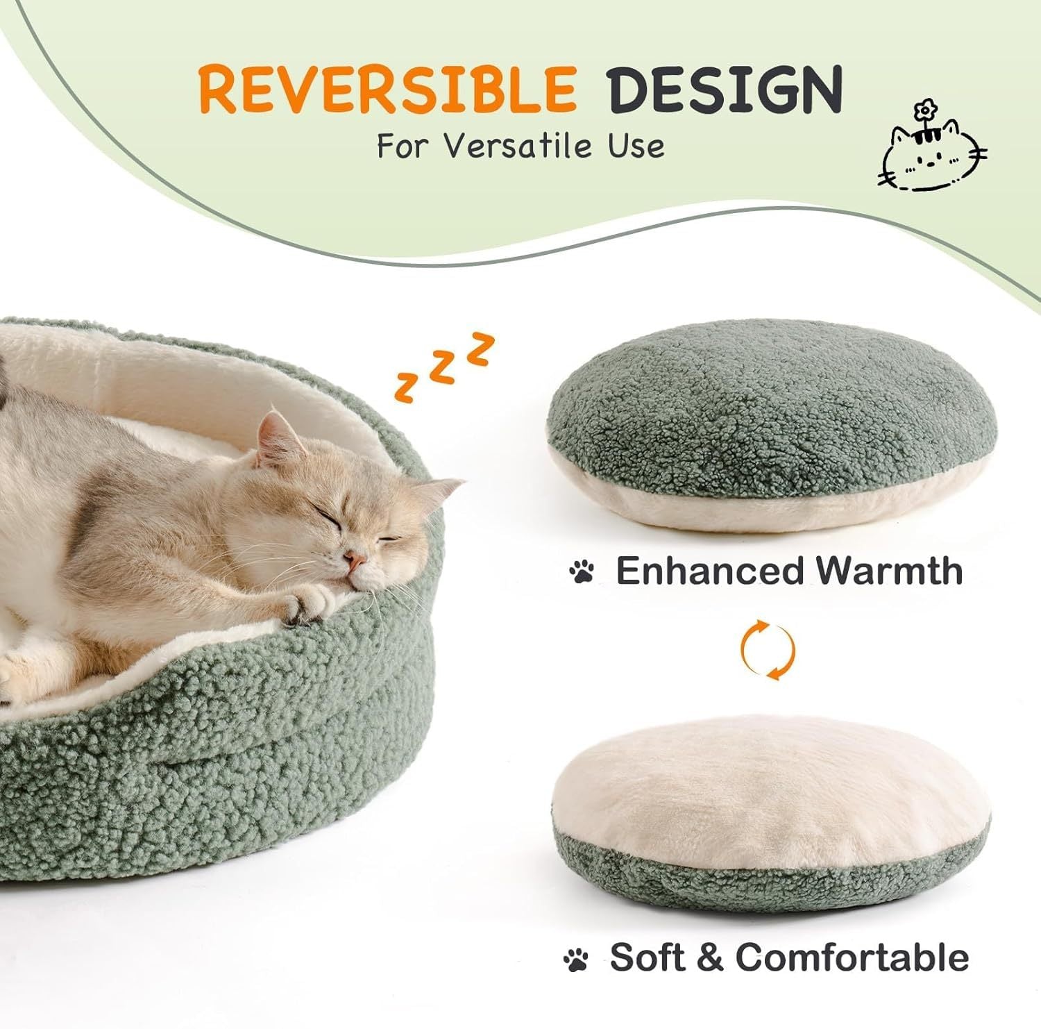 Washable Pet Bed For Cats & Small Dogs - 23x23x7 Inch Round Orthopaedic Bed With Non-Slip Bottom, Plush Indoor Cat Bed For Kittens & Puppies, Sage Green