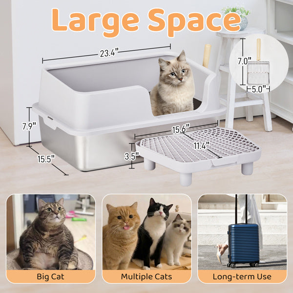 61x40x33CM, Litter Box, Stainless Steel And Plastic, Upper And Lower Snap Type, With Litter Spatula, Foot Pad - Grey
