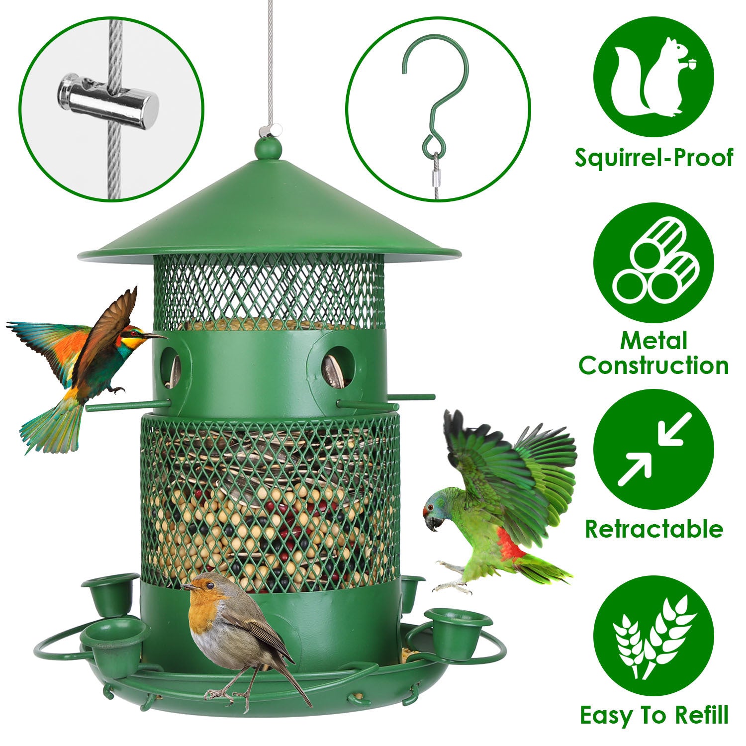 1Pc Wild Bird Feeder Squirrel-Proof Chew-Proof Metal Bird Seed Feeder Outdoor Hanging Bird Feeder With 360 Degree Circular Perches Water Cups For Yard Garden Patio