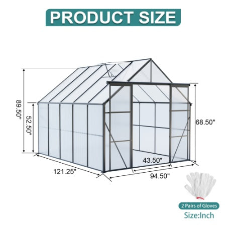 8x10FT Double Door Polycarbonate Greenhouse Raised Base And Anchor Aluminum Heavy Duty Walk-in Greenhouses For Outdoor Backyard In All Season