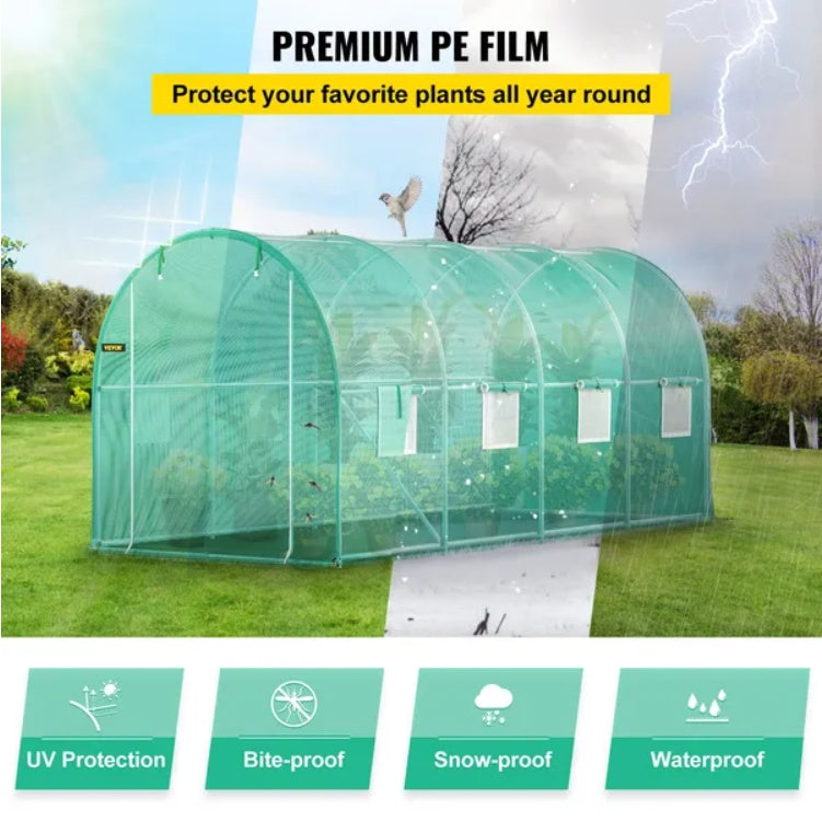 VEVOR Walk-in Tunnel Greenhouse, 14.8 X 6.6 X 6.6 Ft Portable Plant Hot House W  Galvanized Steel Hoops, 1 Top Beam, Diagonal Poles, Zippered Door   8 Roll-up Windows, Green