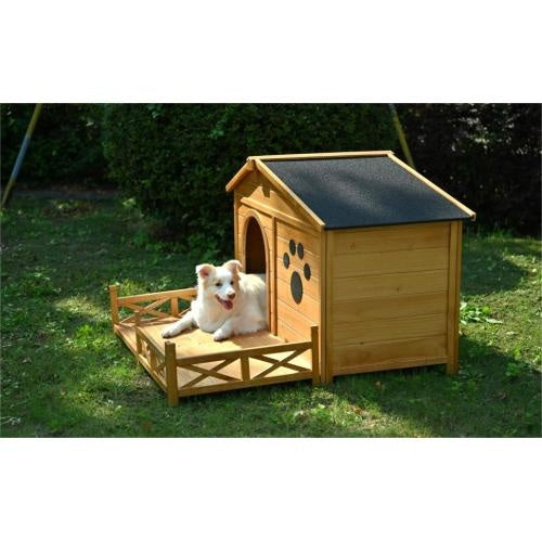 Wooden Dog House Outdoor With Porch, Dog Kennel With Water-Resistant Asphalt Roof And Fencing,Indoor & Outdoor Dog Crate With Paw Print, Medium, Nature