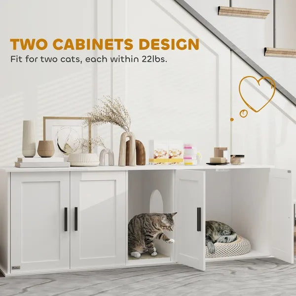 Cat Litter Box Enclosure With Double Room, Scratching Mat For 2 Cats