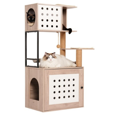 Cat Tree With Litter Box Enclosure, Allinone Cat Tower For Indoor Cats With Large Hammock, Bed, Food Station, Scratching Posts, Modern Style Pet Furniture, Gray White