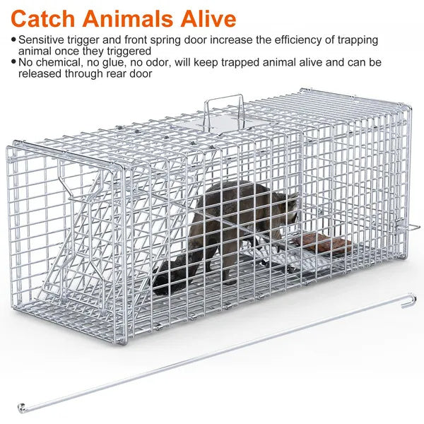 Live Animal Trap Cage 37x14x15in Folding Catch And Release Humane Cat Trap Galvanized Iron For Raccoons Foxes Coyotes Stray Dogs Armadillos Squirrels