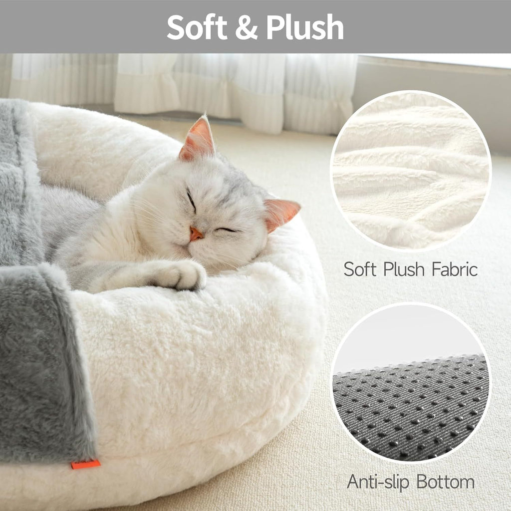 Enclosed Cat Bed Cave - Washable Pet Bed With Blanket & Non-Slip Base For Cats & Small Dogs 22'' X 22'', White