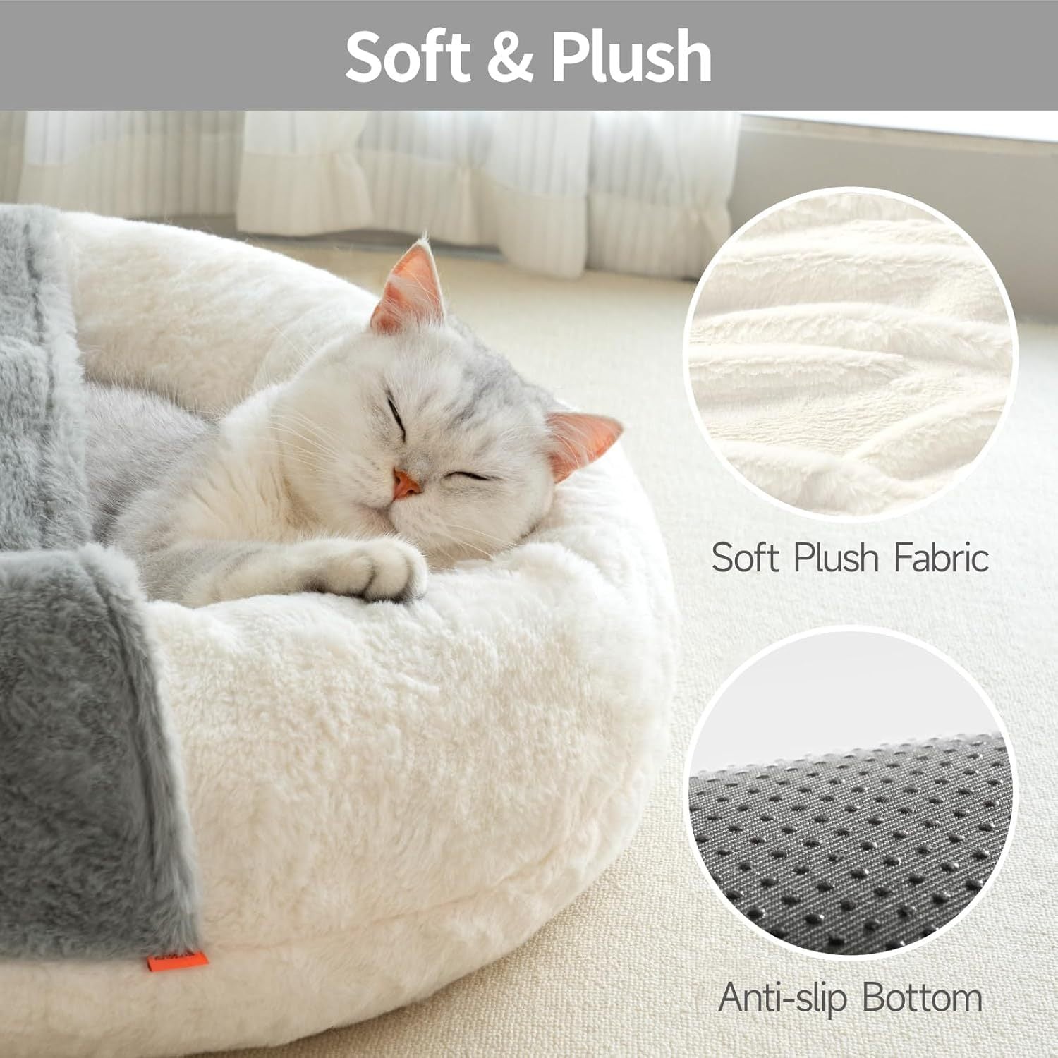 Enclosed Cat Bed Cave - Washable Pet Bed With Blanket & Non-Slip Base For Cats & Small Dogs 22'' X 22'', White