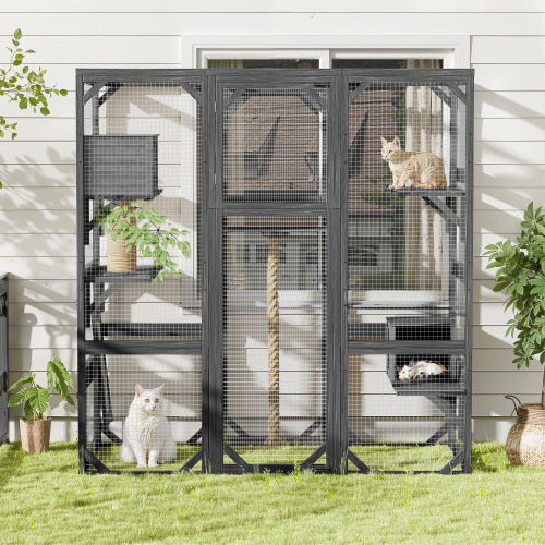 Outdoor Cat House  DIY Cat Enclosure, Cat Catio With Double Enter Doors  62.8 L X 32.2 W X68.5 H Balcony Cat Playpen With Platforms And Two Condos For 1-3 Cats  Light Grey