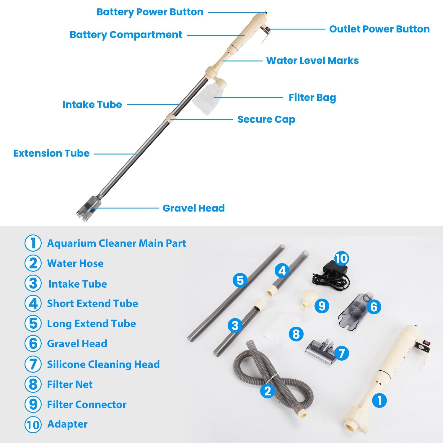 1 Set Multifunctional Electric Aquarium Gravel Cleaner Kit Length Adjustable Automatic Fish Tank Vacuum Cleaner Change Water Wash Sand Filter Dirt Removal