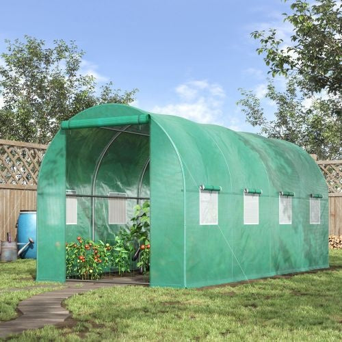 Outsunny 15x 7x 6.5 Walk-in Tunnel Hoop Greenhouse, Green House With Polyethylene PE Cover, Steel Frame, Roll-Up Zipper Door & Windows For Flowers, Vegetables, Tropical Plants, Green