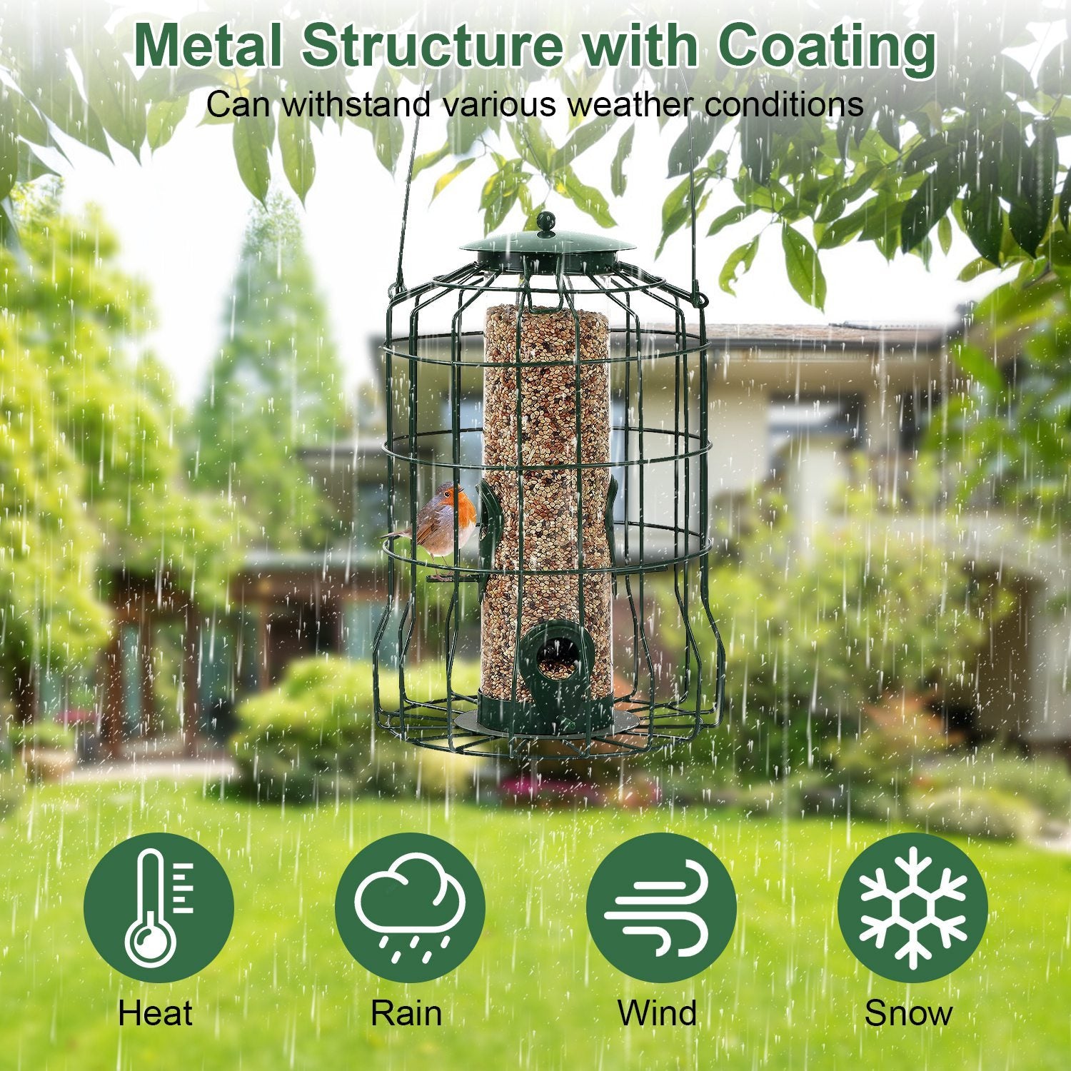 Outdoor Wild Bird Feeder Squirrel-Proof Chew-Proof Metal Hanging Seed Feeder With 4 Feeding Port For Small Songbirds