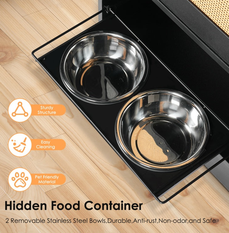 Feeding Station With 1 Locker, Pet Feeding Station With 2 Overhead Dog Bowls, Side Hooks, Anti-Tipping Kit, Concealed Pet Feeding Station For Feeding And Drinking, Black