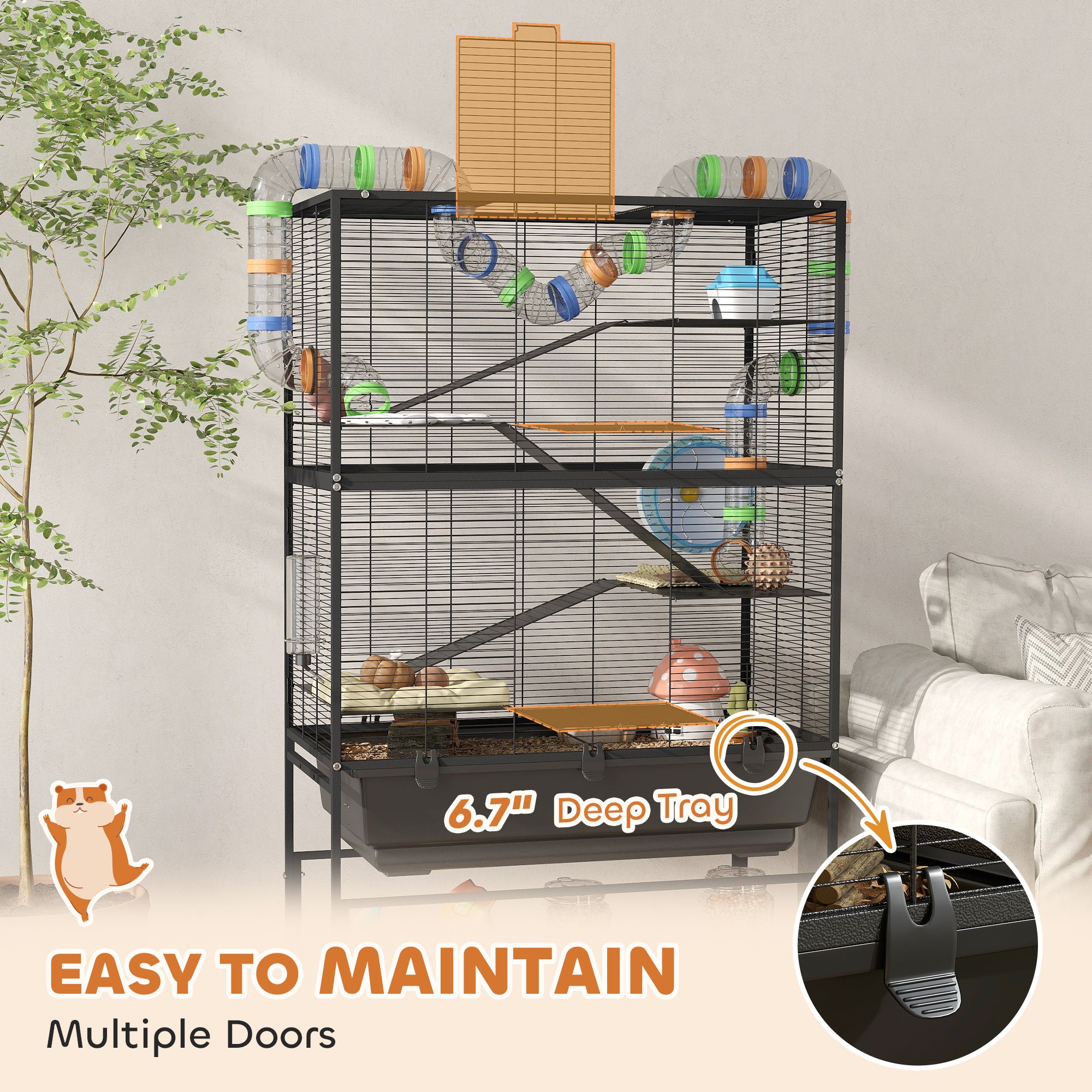 5 Tier Hamster Cage, Rolling Rat Cage With Deep Tray, Storage Shelf, Big Exercise Wheel, Hut, Tube System