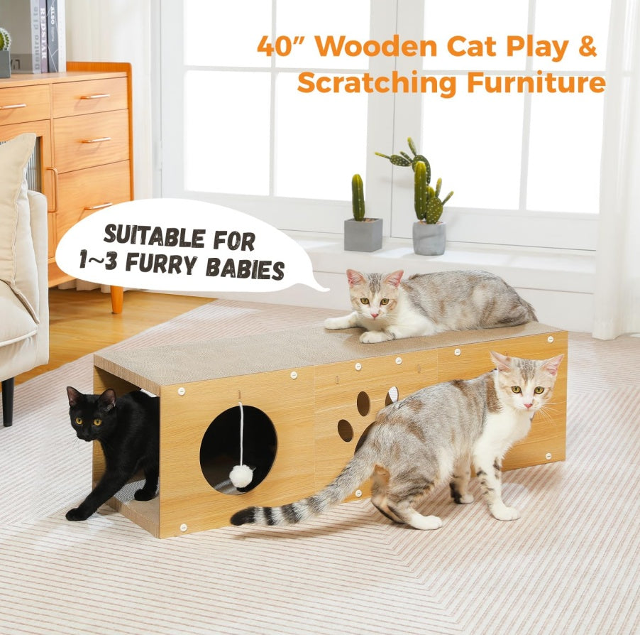 MUlti-Hole Fun Cat Tunnel With Scratching Board And Game Pom Pom Cat Tunnel House, Interactive Cat Scratching House, Self-improvement Drilling Hole Teaser, Must-have For Multi-Cat Families