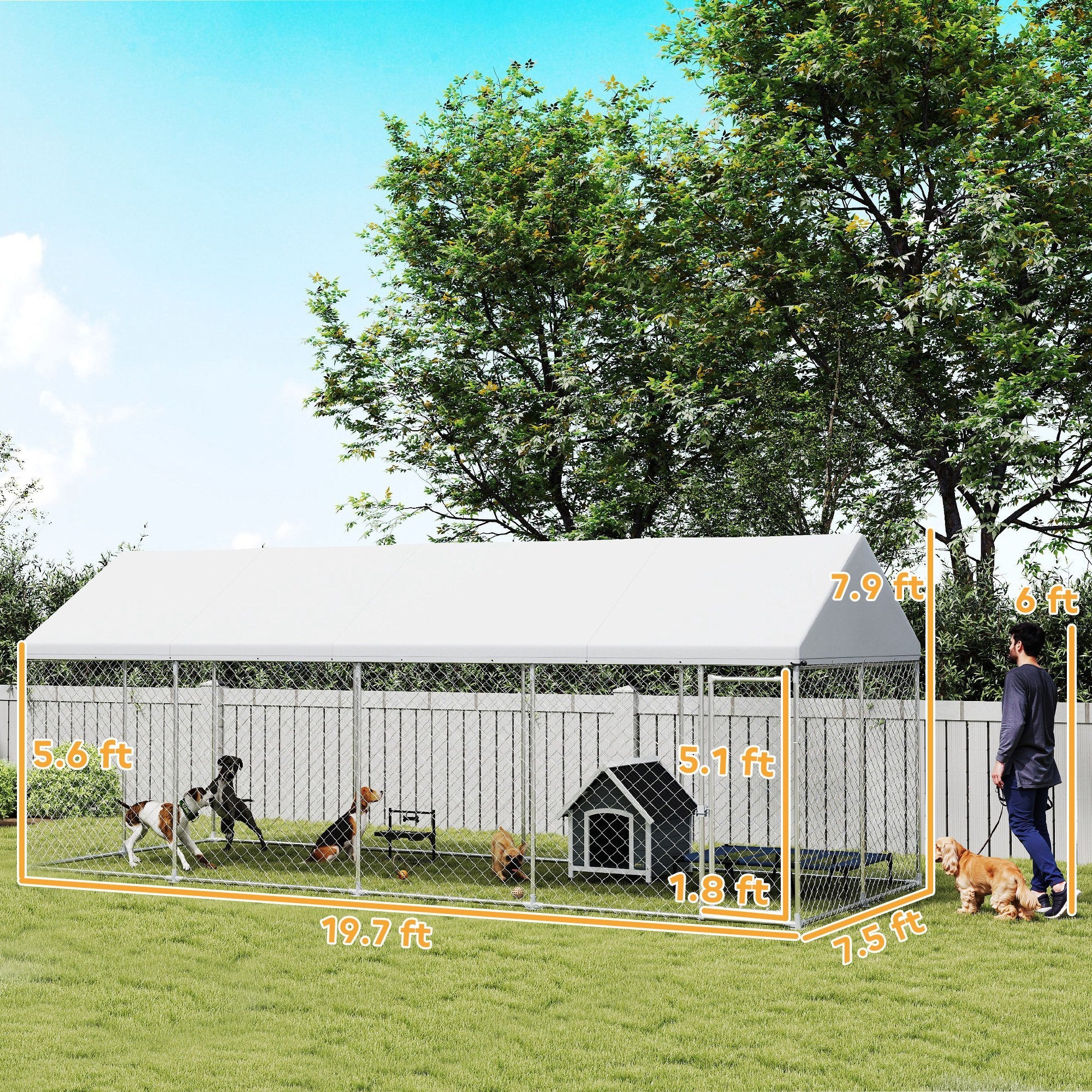 Heavy Duty Outdoor Dog Kennel With Waterproof Roof, Secure Latch, Chain Link Dog Run For Backyard, 19.7 X 7.5 X 7.9