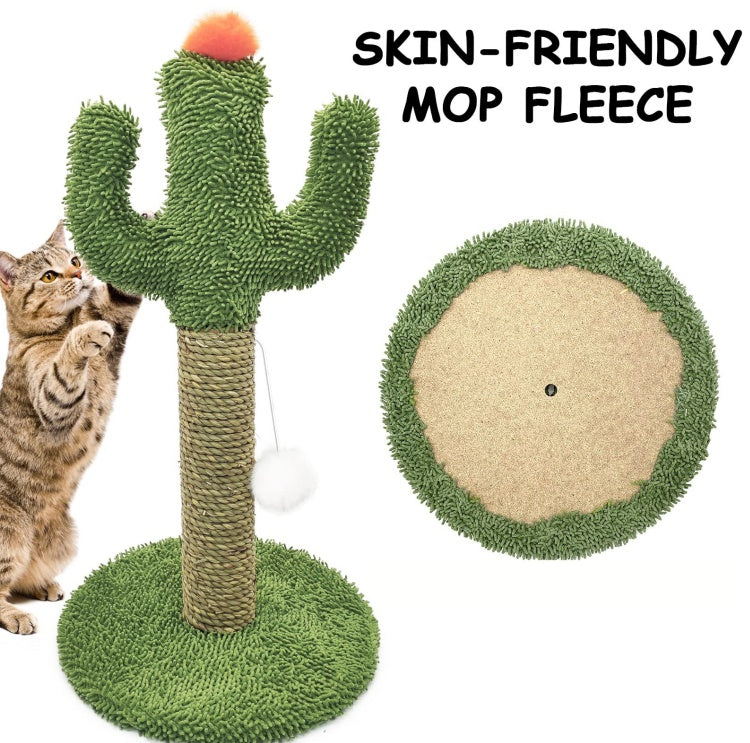 Cactus Cat Climbing Tree 2-in-1 - Solid Wood Base Natural Sisal Scratching Pillar With Hanging Ball Toy, Indoor Cat Multi-level Activity Center