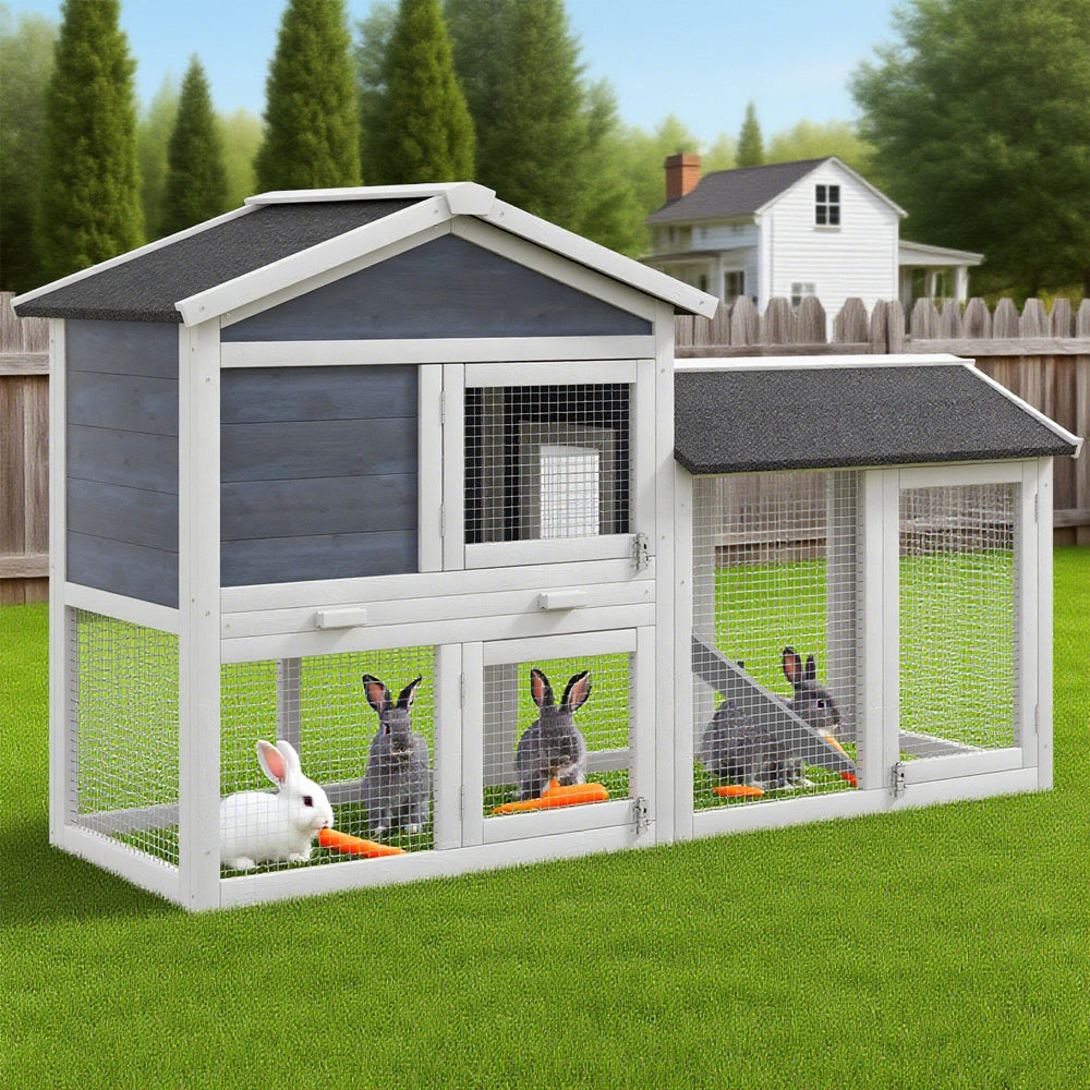 58inch Wooden Rabbit Hutch With Run, Removable Tray, Asphalt Roof, Lockable Doors And Ramp, Gray