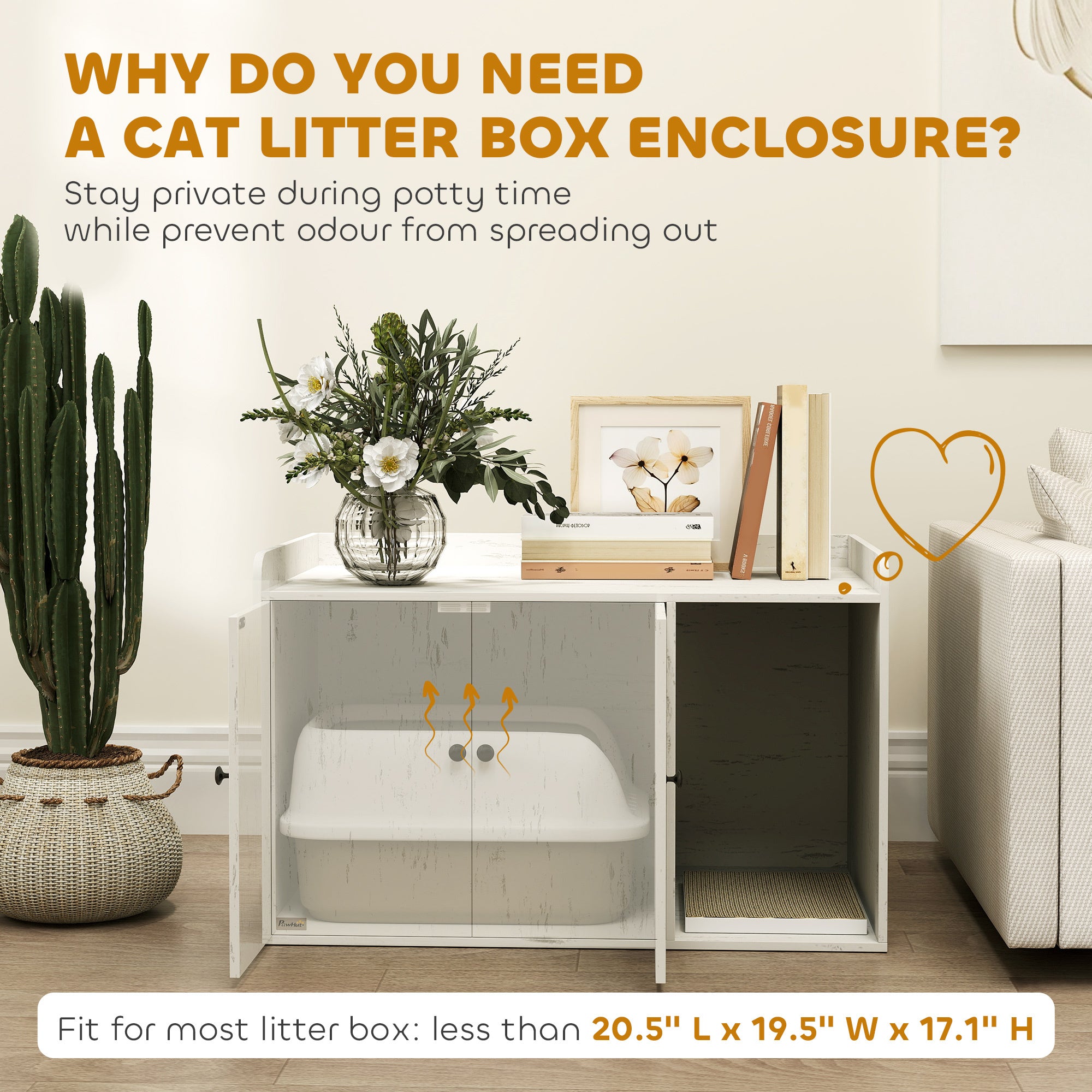 32 Cat Litter Box Enclosure With Scratching Mat, Cat Entrance, Fit Most Of Cat And Litter Box, Distressed White