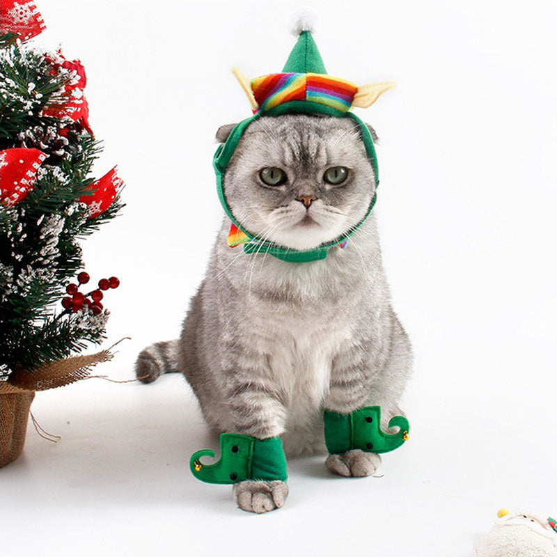 Pet Christmas Hat and 4-piece Green Foot Cover