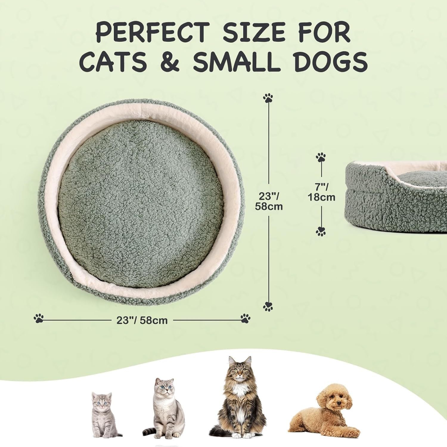 Washable Pet Bed For Cats & Small Dogs - 23x23x7 Inch Round Orthopaedic Bed With Non-Slip Bottom, Plush Indoor Cat Bed For Kittens & Puppies, Sage Green