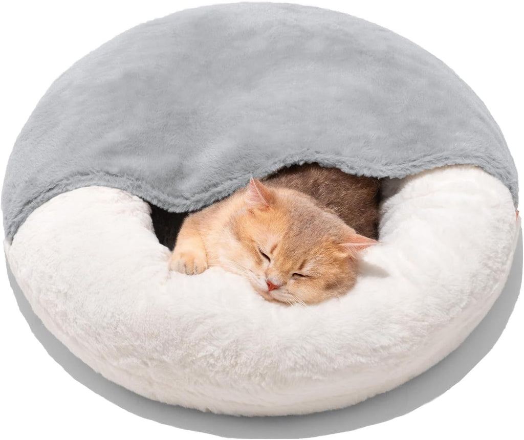 Enclosed Cat Bed Cave - Washable Pet Bed With Blanket & Non-Slip Base For Cats & Small Dogs 22'' X 22'', White