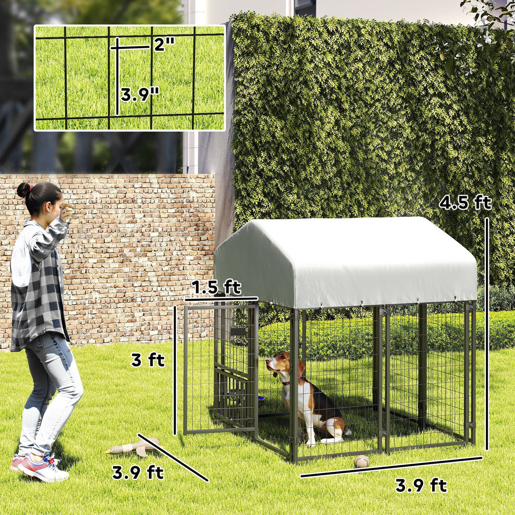 Welded Wire Outdoor Dog Kennel With 360 Rotating & 4 Levels Adjustable Bowls, Waterproof Cover, 3.9 X 3.9 X 4.5