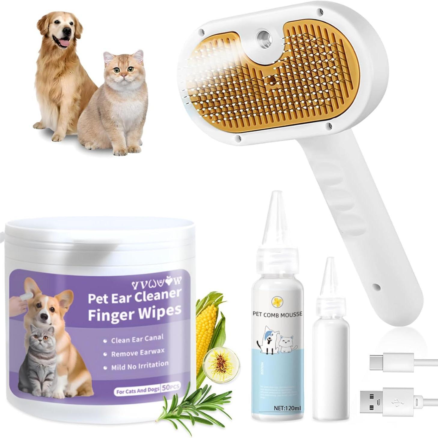 Universal Pet Steam Brush For Cats And Dogs 3-in-1 Spray Hair Removal Comb With Water less Shampoo and Ear Towel