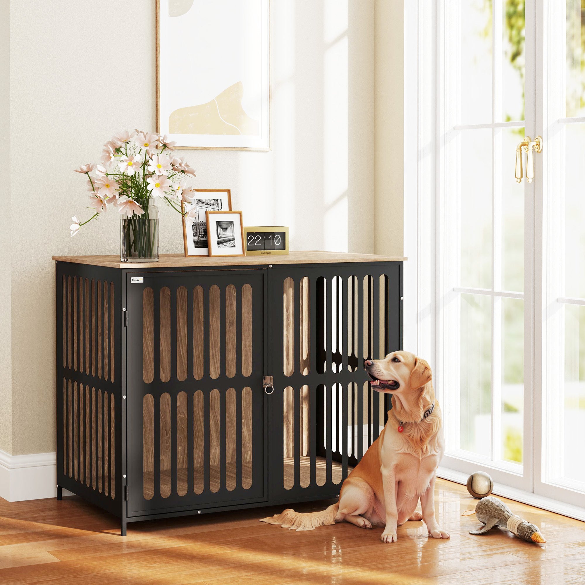 39 Dog Crate Furniture W Anti-Chew Resistant Mesh, Anti-Escape Single Door, For Large Dogs, Walnut Brown