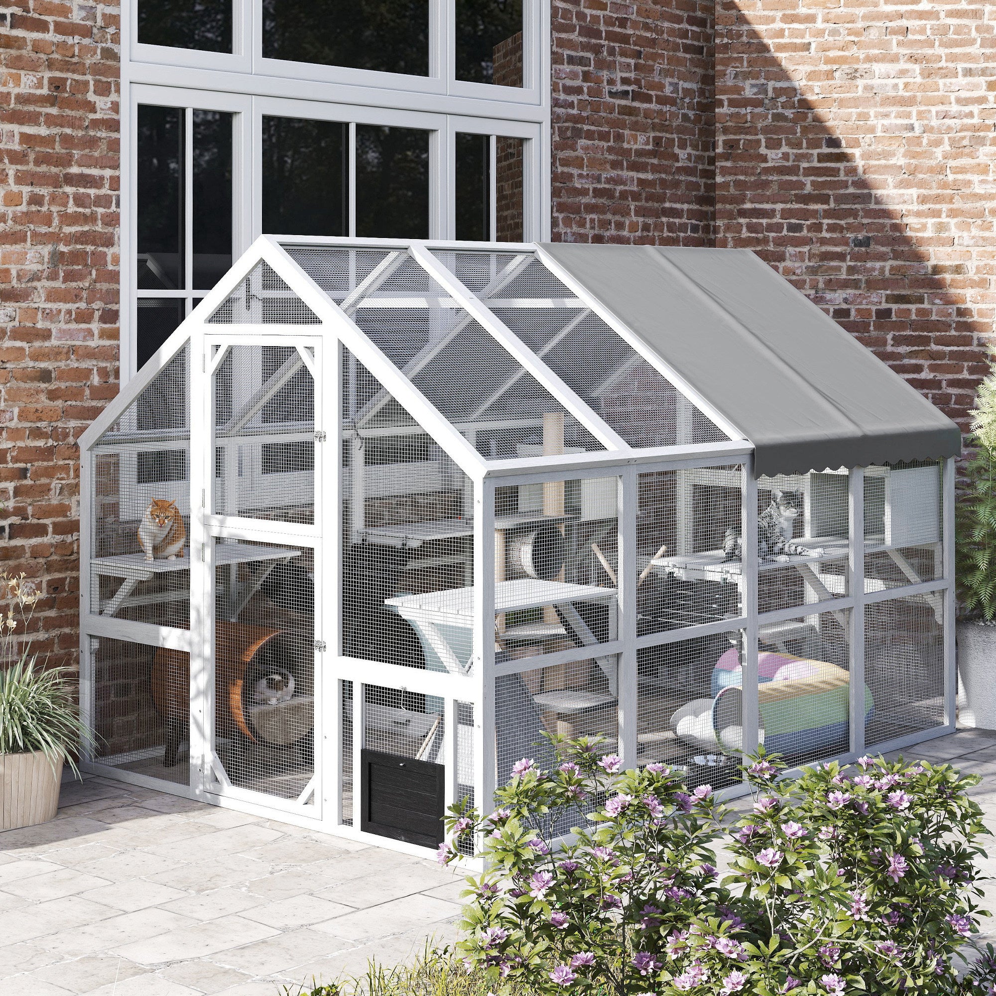 Wooden Catio Outdoor Cat Enclosure With Waterproof Cover, 2 Condos, 6 Platforms, Bridge, Doors, White