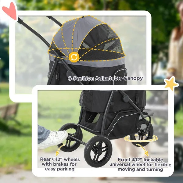 3 In 1 Pet Jogging Stroller For Small Dogs And Cats With Detachable Carrier, Storage Basket, Gray