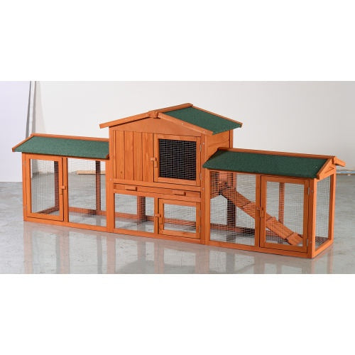 Large Wooden Rabbit Hutch, Outdoor Bunny Cage With Spacious Run, Waterproof Asphalt Roof, Pull-Out Tray And Ramp, Fir Wood Pet House For Rabbits, Chickens And Small Animals  Brown Green