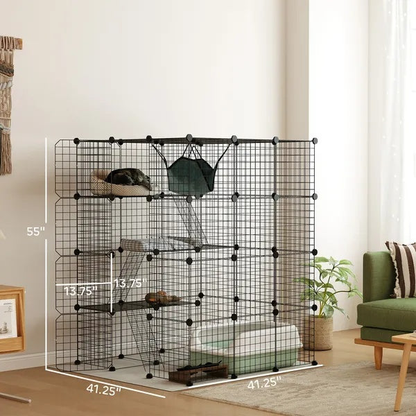 DIY 4 Tier Cat Cage Indoor With Hammock, Ramps, Jumping Platforms, Doors, Cat Enclosure For 1-3 Cats, 3 X 3 X 4, Black