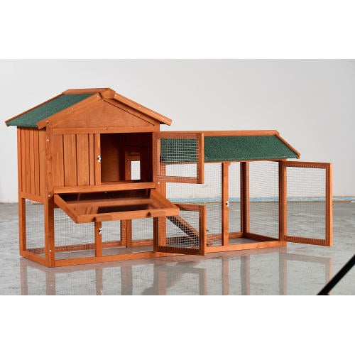 Large Wooden Rabbit Hutch, 2 Story Outdoor Bunny Cage With Waterproof Asphalt Roof, Pull-Out Tray  Ramp, Fir Wood Pet House For Rabbits, Chickens, Guinea Pigs Brown  Green